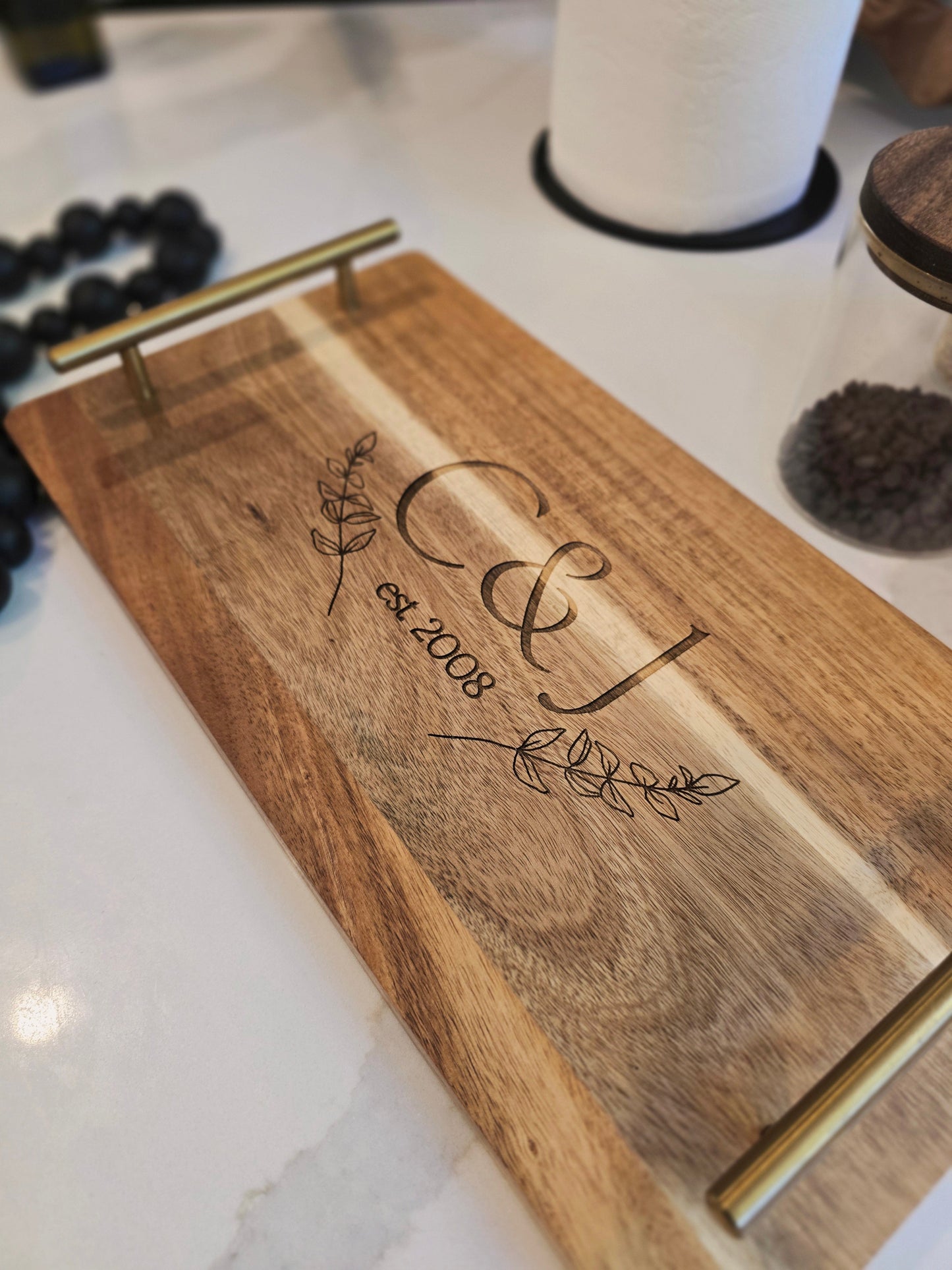 Personalized Wooden Serving Tray with Gold Handles – Custom Engraved Monogram Tray – Wedding Gift, Anniversary Gift, Rustic Home Decor
