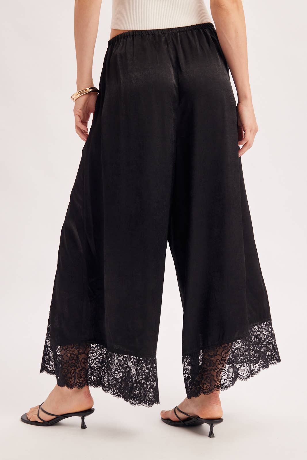 SATIN LACE TRIMMED DRAWSTRING PALAZZO PANTS