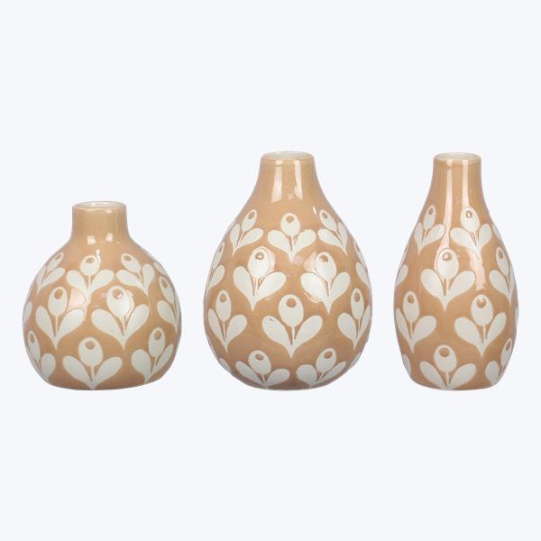 Stoneware Natural & White Design Vase - Set of 3
