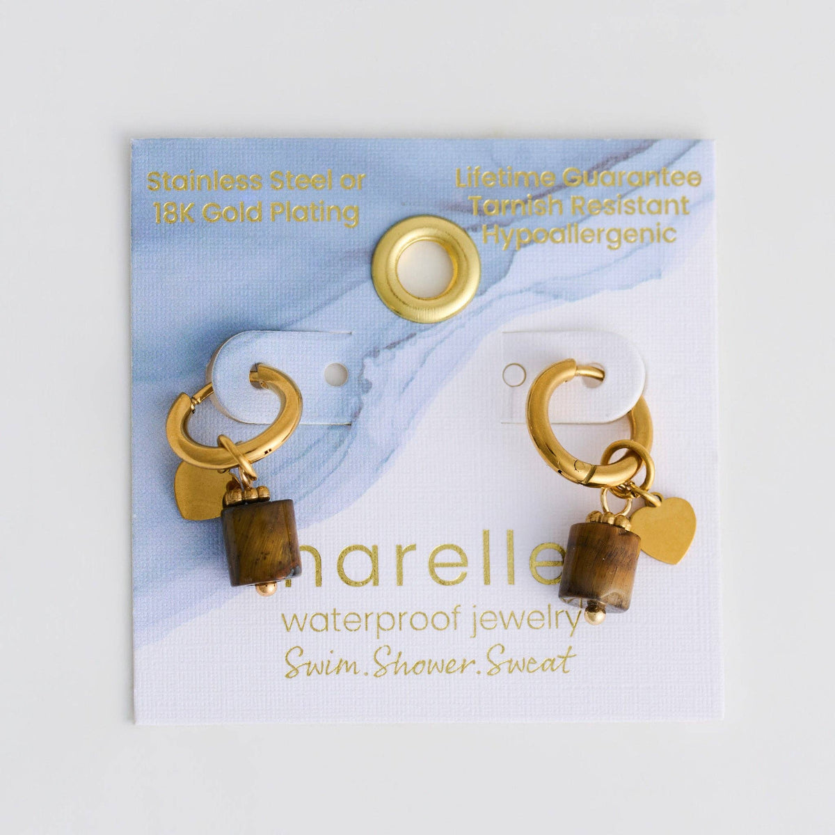 Waterproof Earrings Hoop Narelle Gold Beaded Tiger Eye