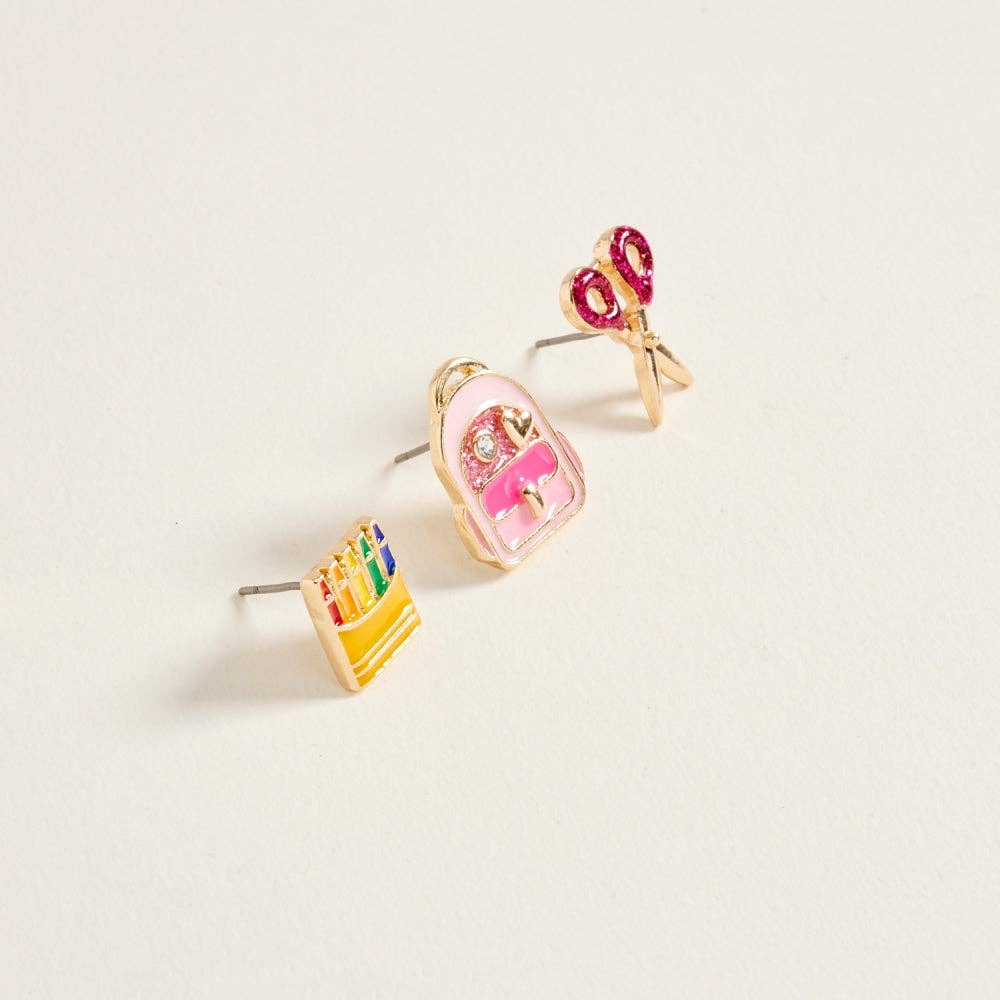 0.75 Inch School Crayon Bookbag Scissor 3 Pair Earrings Set