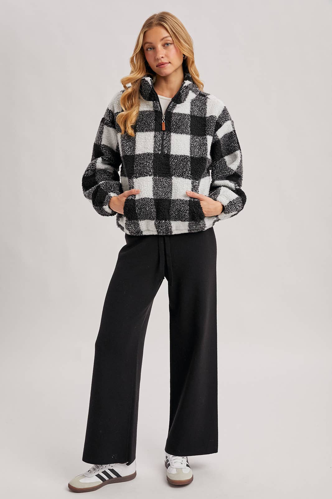 PLAID QUARTER ZIP HIGH COLLAR FLEECE PULLOVER