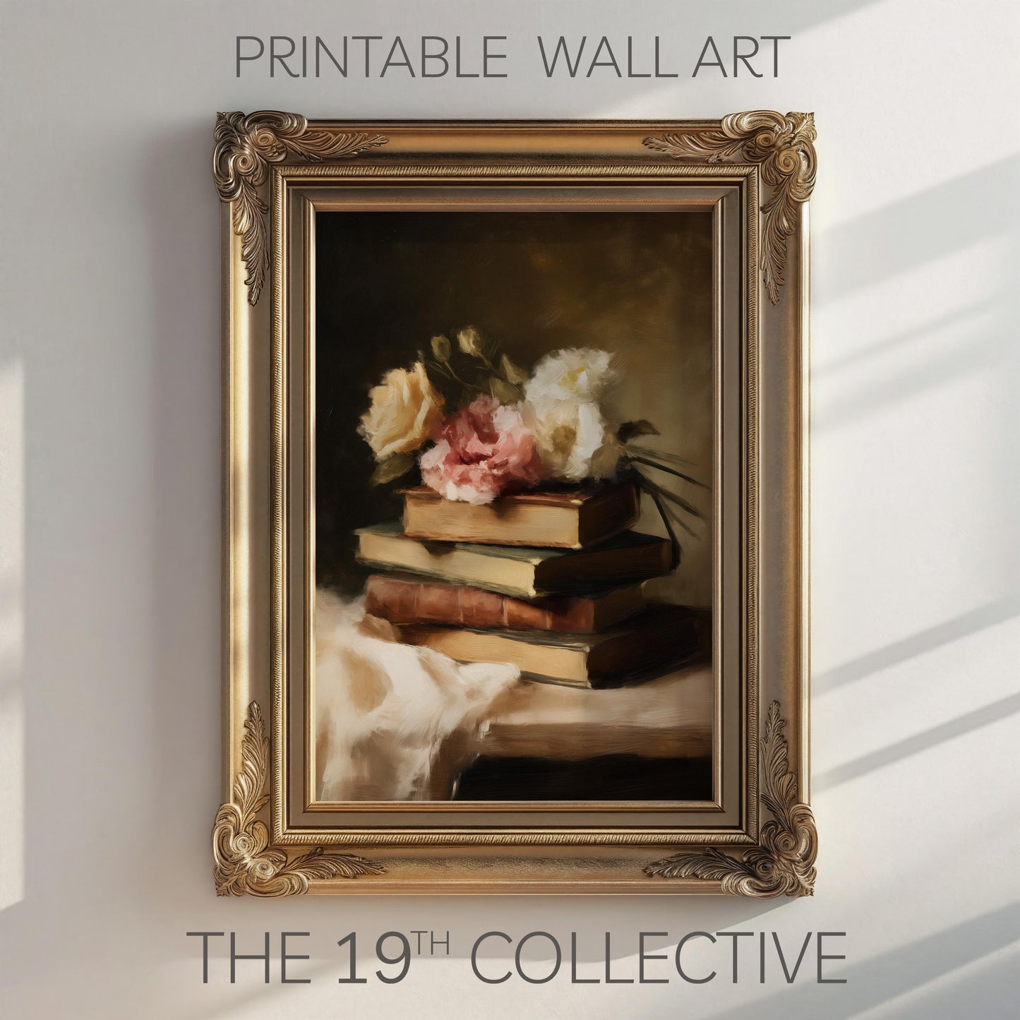 Vintage Book Stack with Peonies – Printable Bookish Wall Art | French Country Digital Download