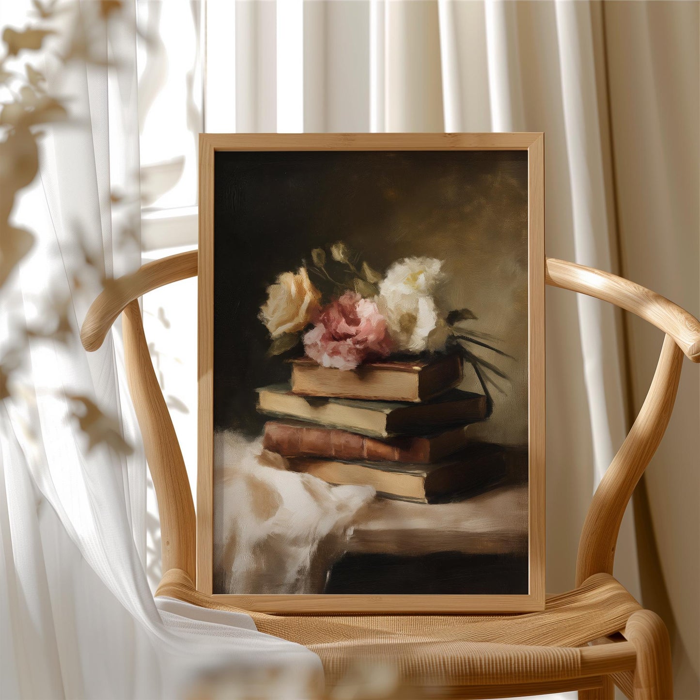 Painterly digital artwork of a stack of vintage books topped with pale peonies, resting on a linen-covered surface; soft, romantic French country aesthetic.