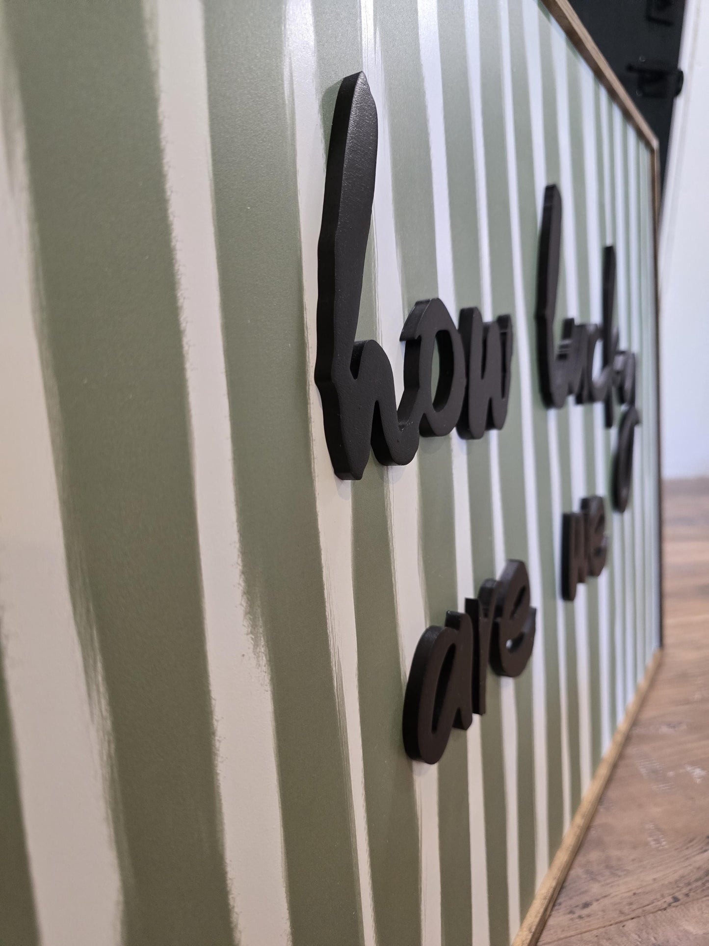 How Lucky Are We Sign – 3D Wood Framed Wall Art in Sage Green | Entryway & Apartment Decor