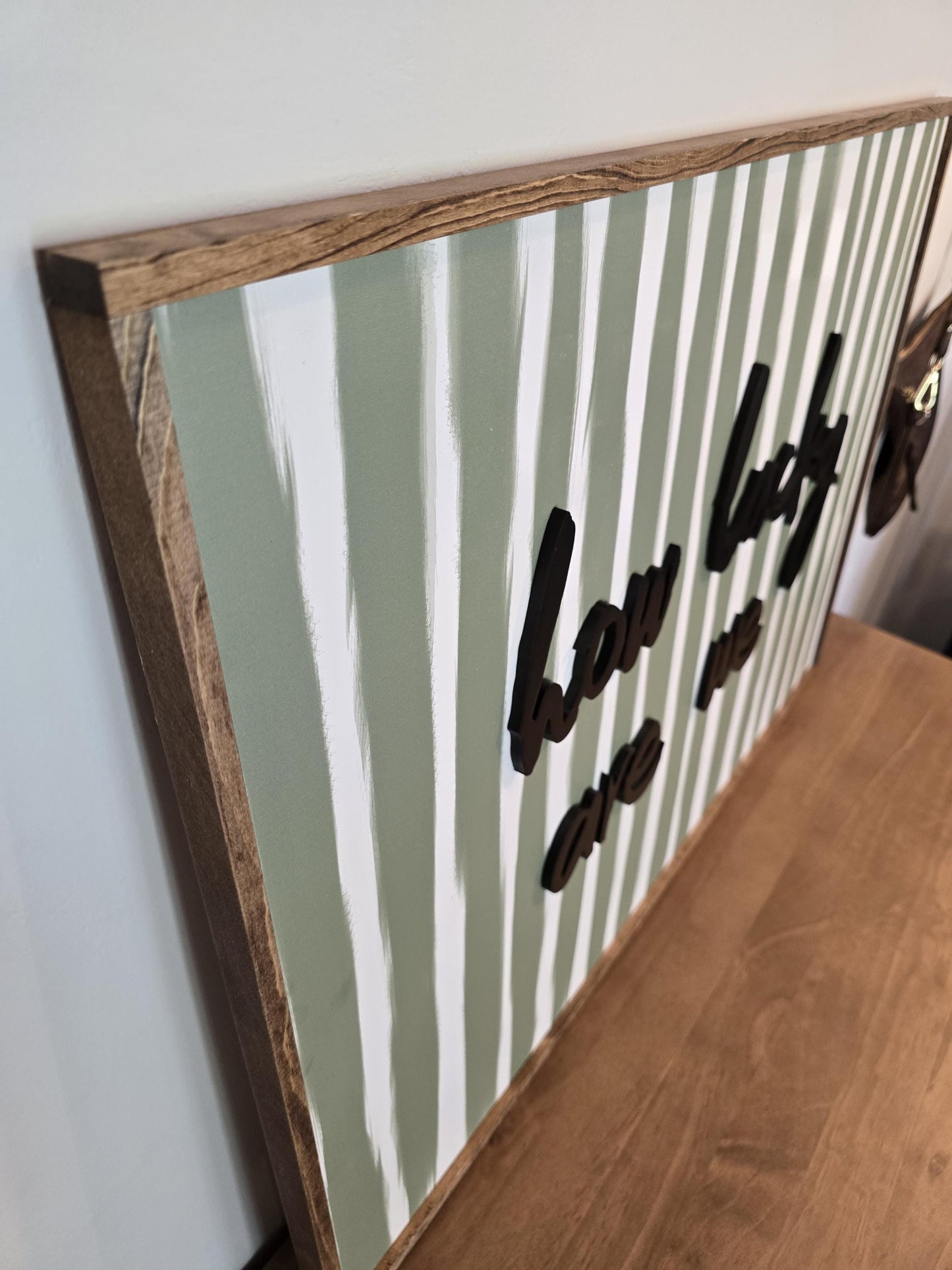 How Lucky Are We Sign – 3D Wood Framed Wall Art in Sage Green | Entryway & Apartment Decor