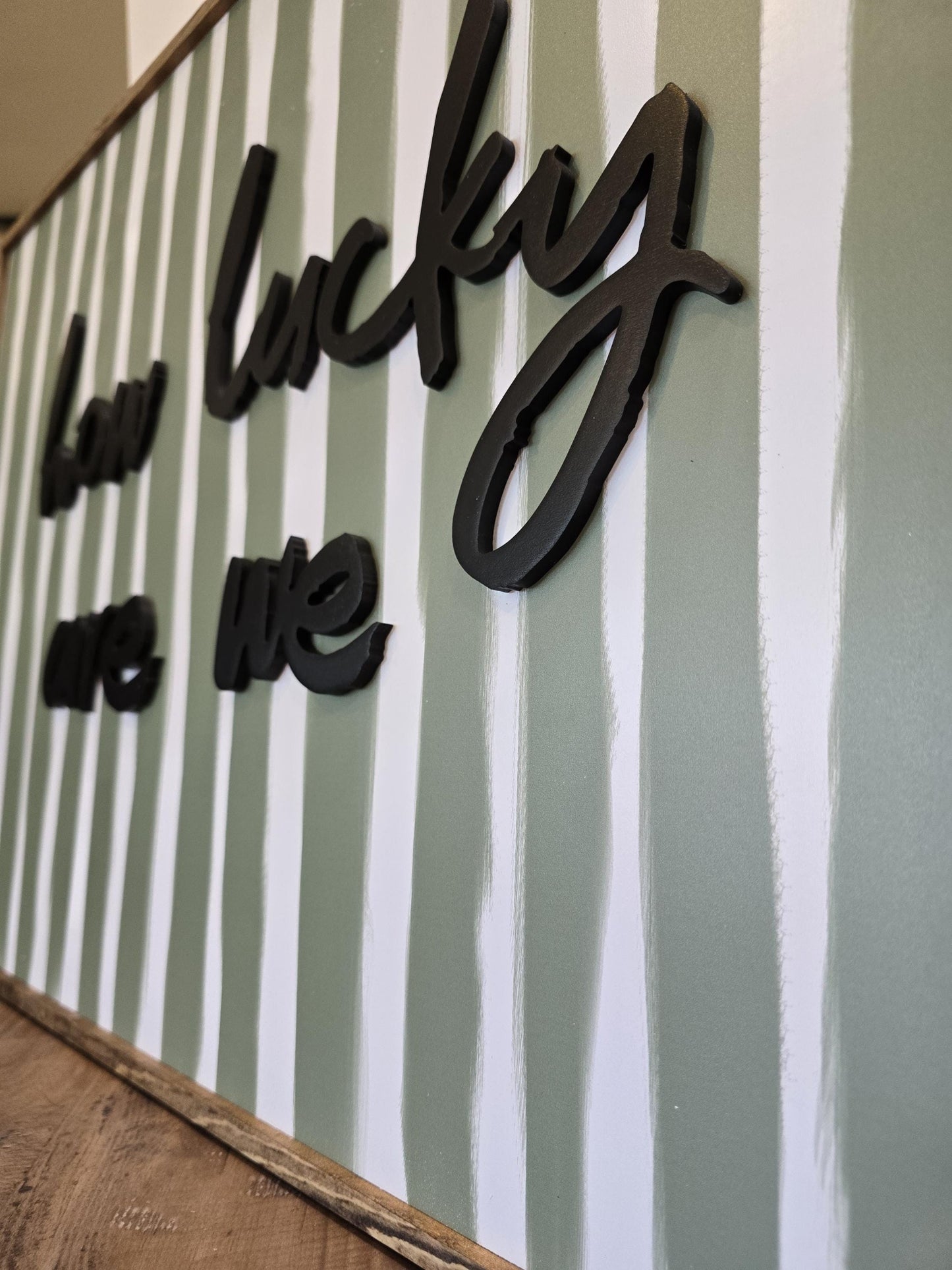 How Lucky Are We Sign – 3D Wood Framed Wall Art in Sage Green | Entryway & Apartment Decor