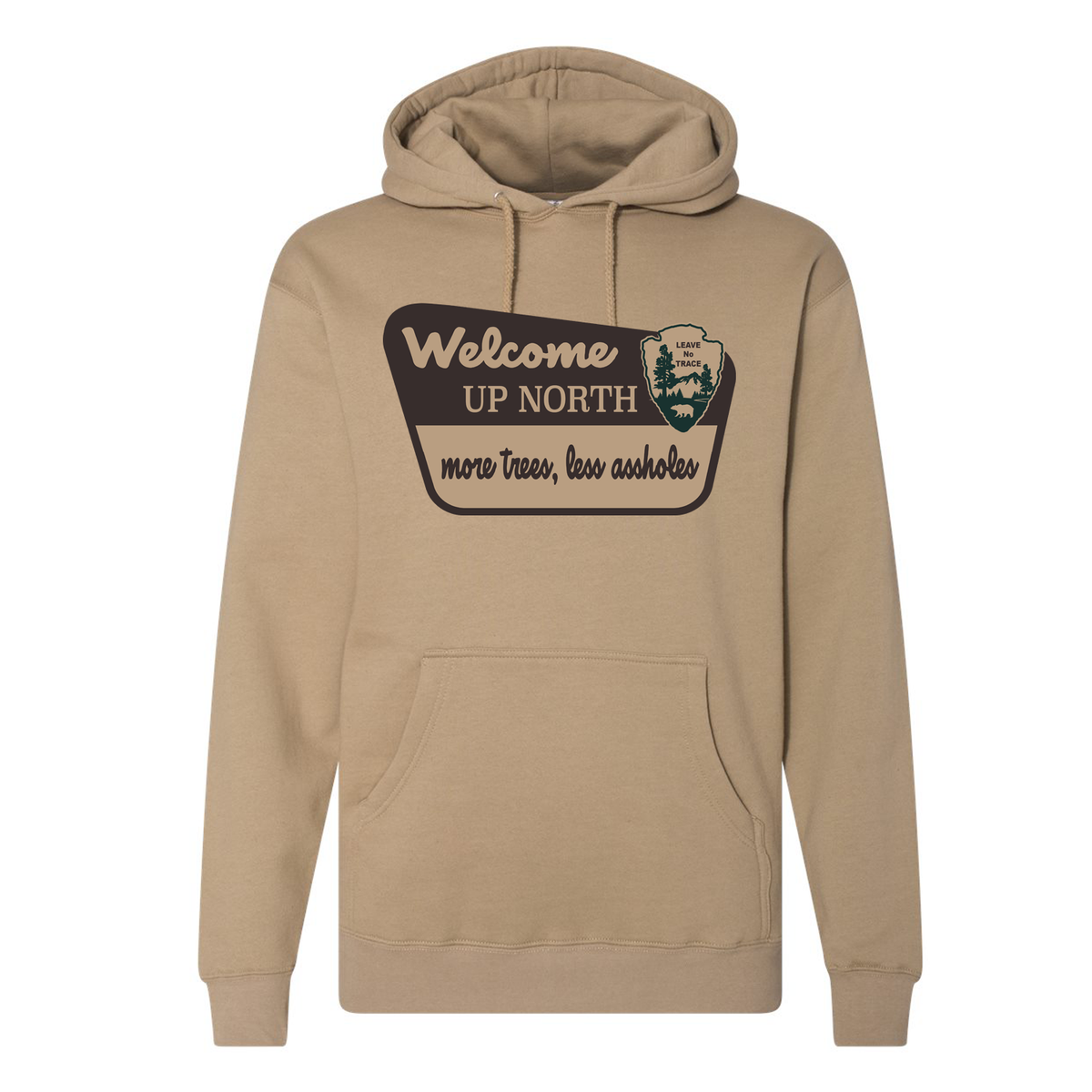 Mushroom Welcome Up North graphic hoodie.