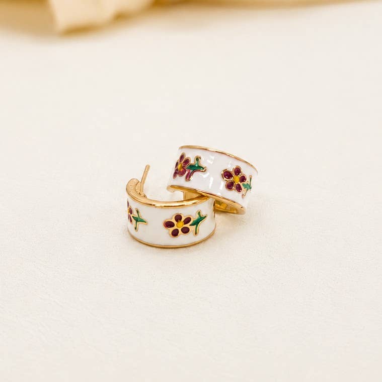 Garden Meadow Flower Enamel Huggie Hoop Earrings | 40E512