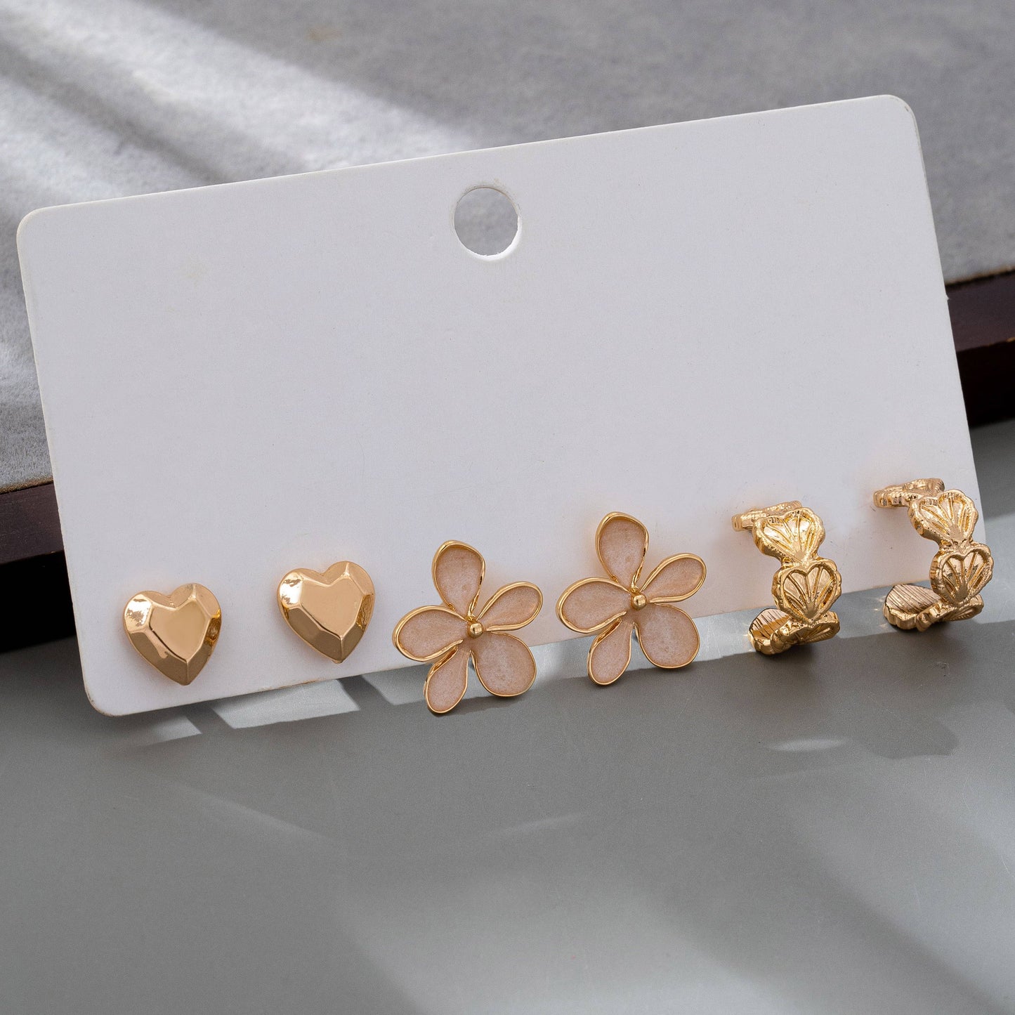 TRIO HEART FLOWER SEASHELL HUGGIE HOOP EARRINGS