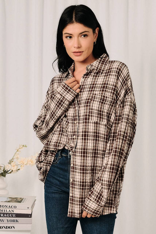 Oversized Plaid Pocket Long Sleeve Button Down Shirt