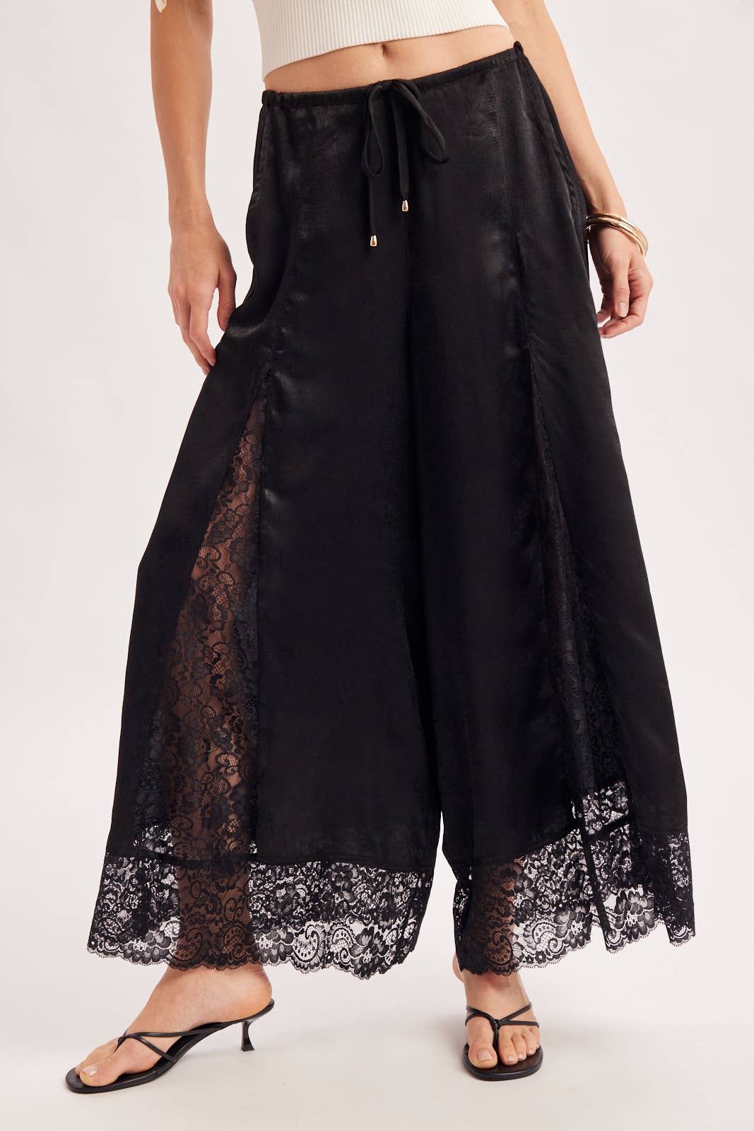 SATIN LACE TRIMMED DRAWSTRING PALAZZO PANTS