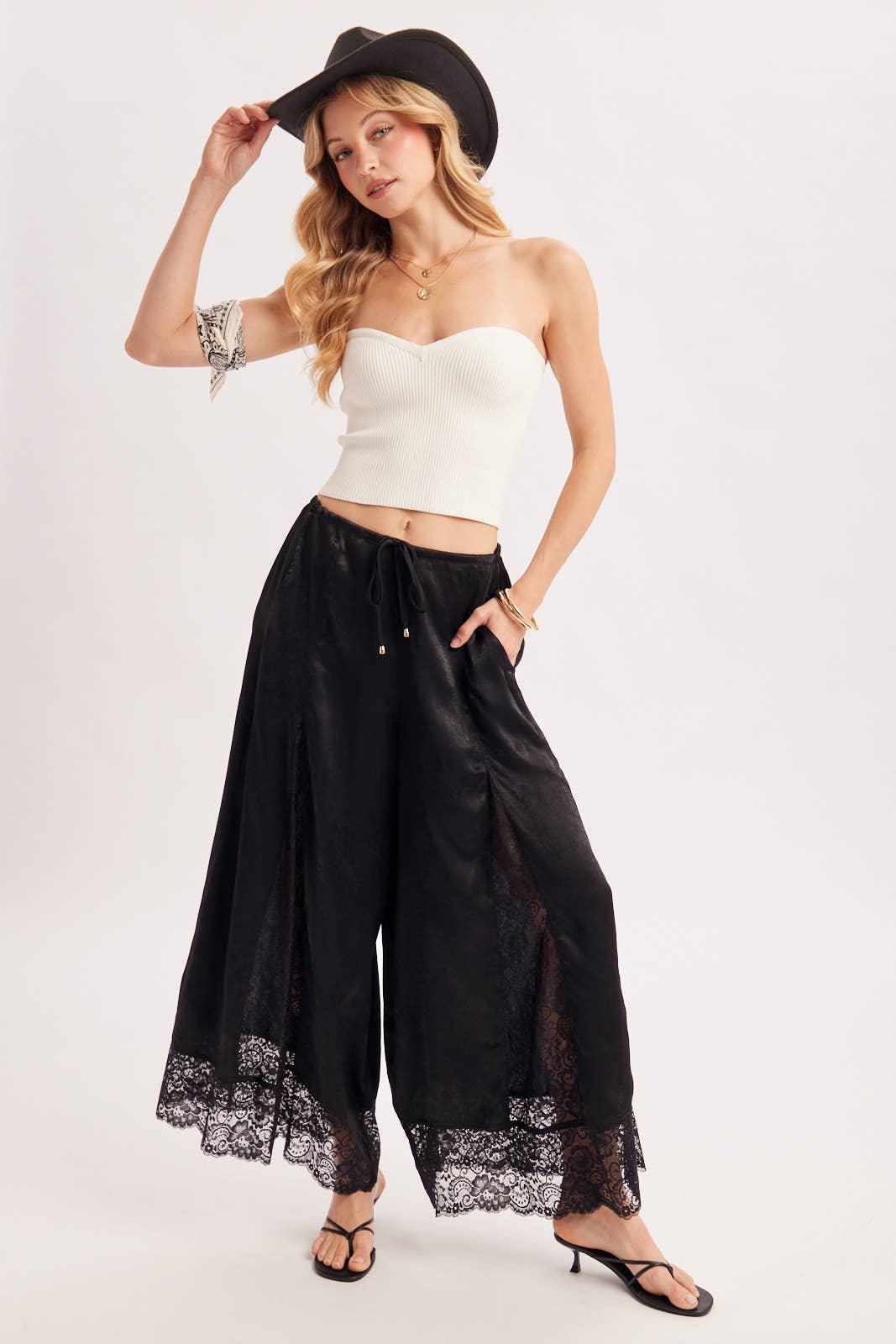 SATIN LACE TRIMMED DRAWSTRING PALAZZO PANTS