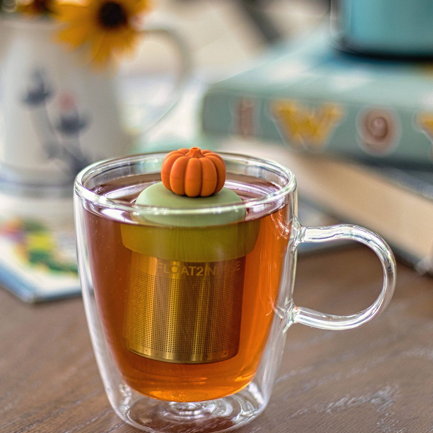 3D Pumpkin | Floating Tea Infuser | Green Base | Orange
