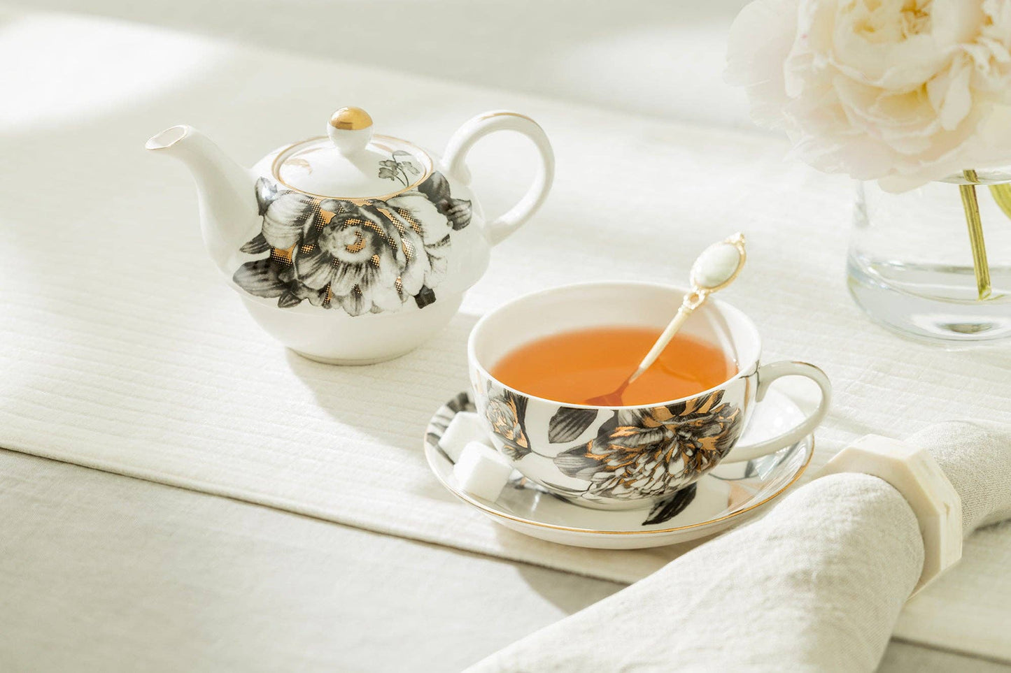 Black Gold Peony Fine Porcelain Tea For One Set