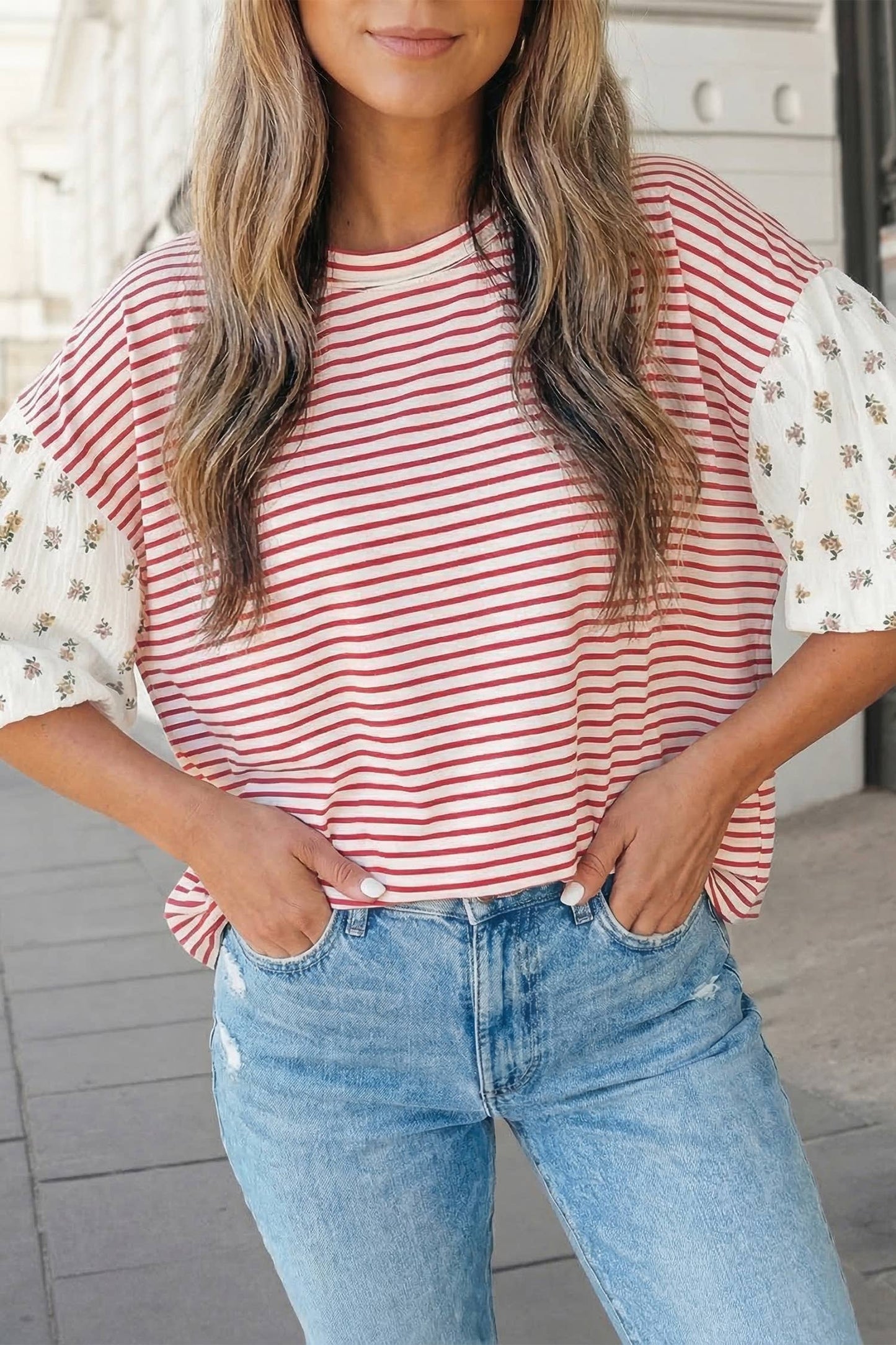 Stripe Floral Puff Sleeve Round Neck Top