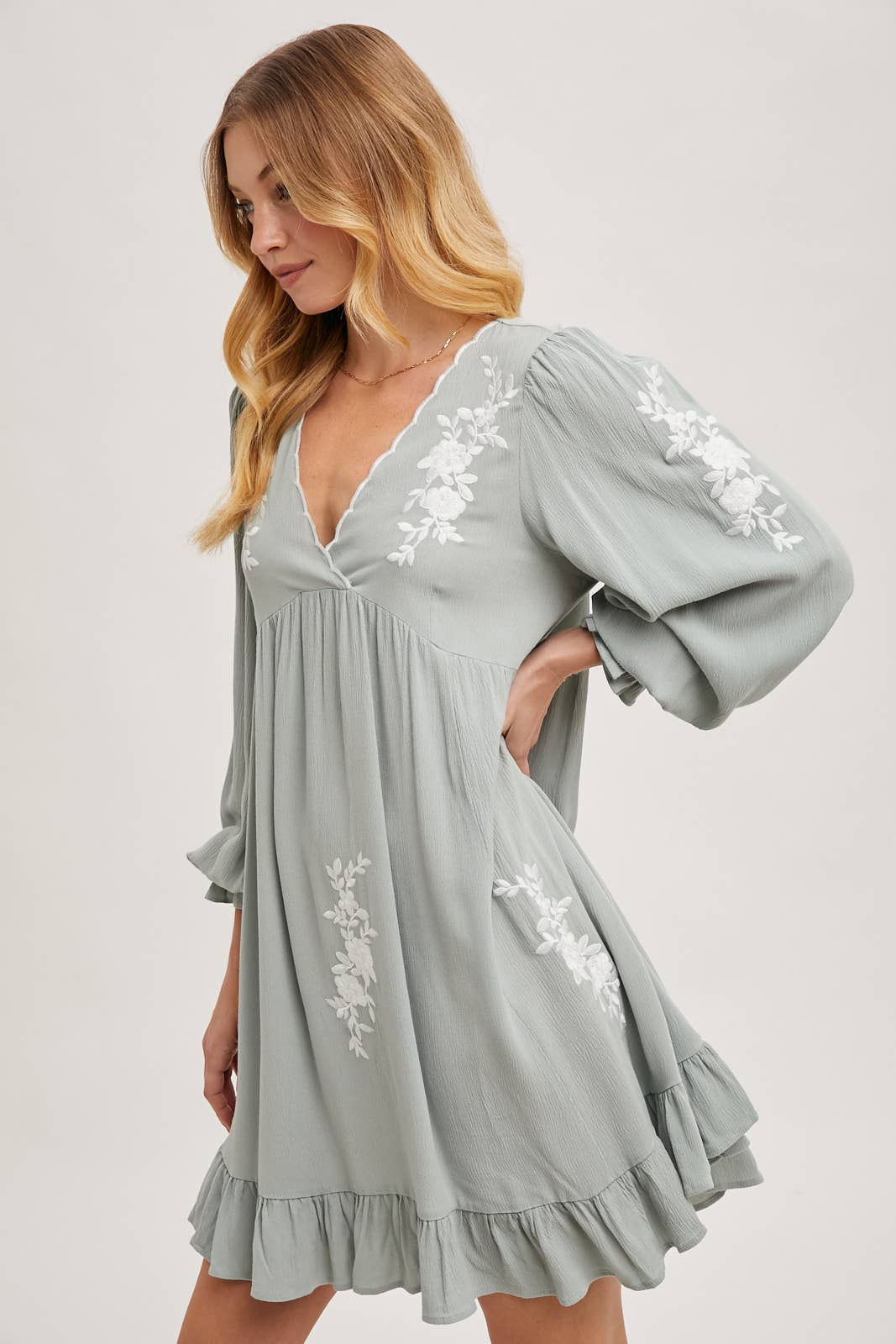 EMBROIDERED V-NECK RUFFLED DRESS - EASTER DAY