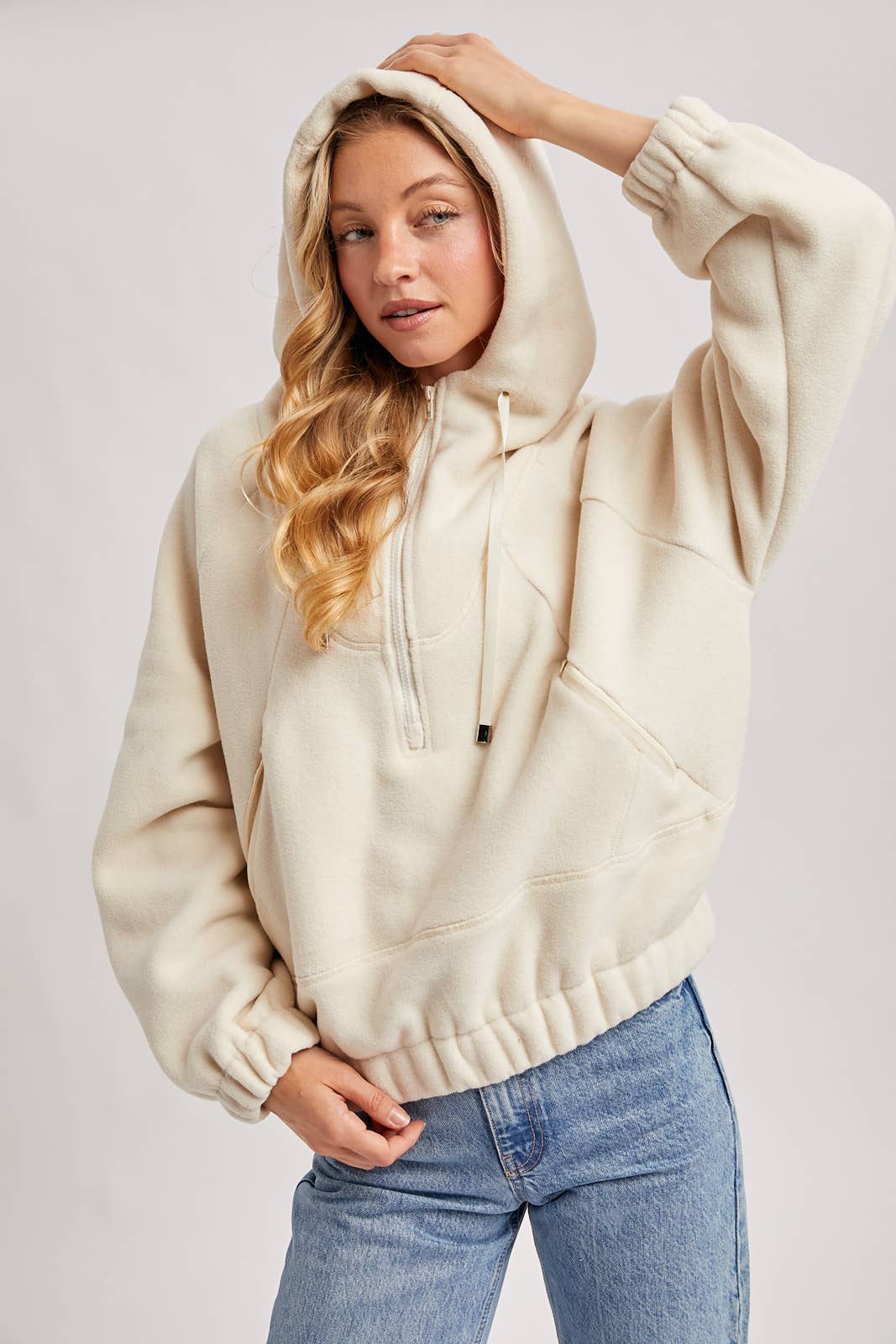 HALF-ZIPPER FRONT HOODIE FLEECE PULLOVER