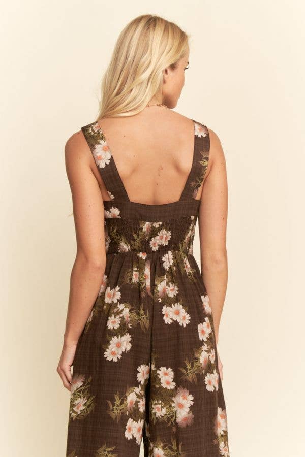 FLORAL RUFFLE SQUARE NECK SMOCKING BODICE JUMPSUIT