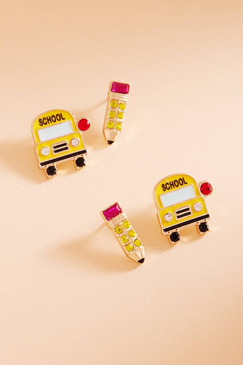 Teachers Day School Bus Enamel Pencil Set Earrings