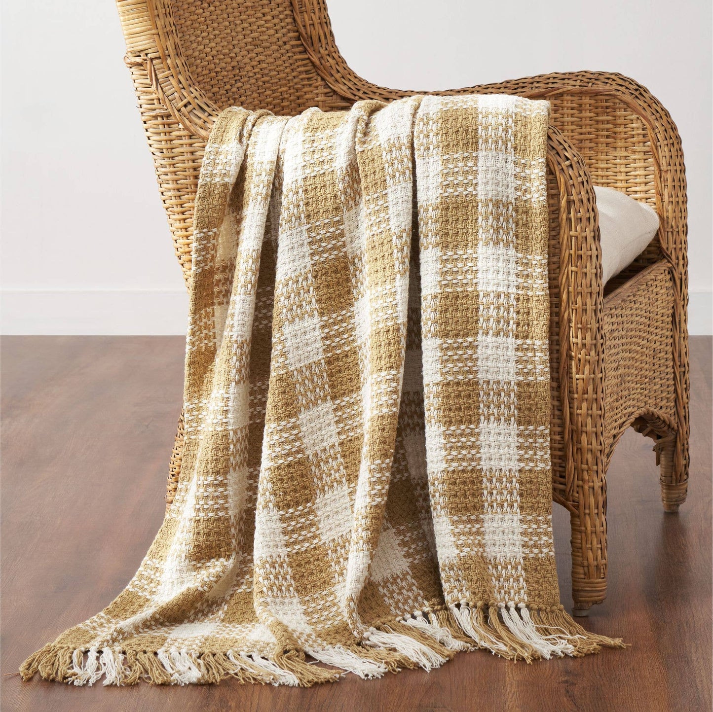 Golden Wheat Heritage Check Throw Blanket with Fringe 50x60