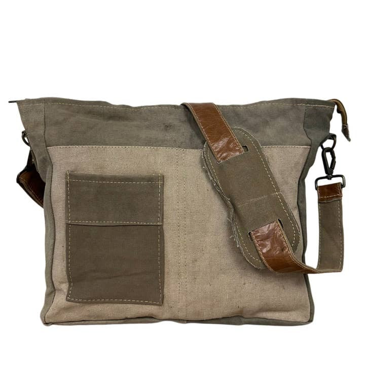 Recycled Tent Tote with Camouflage and Leather