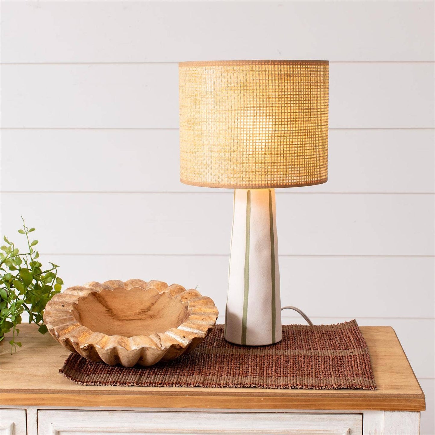 Lamp - Green Striped Base, Natural Woven Shade