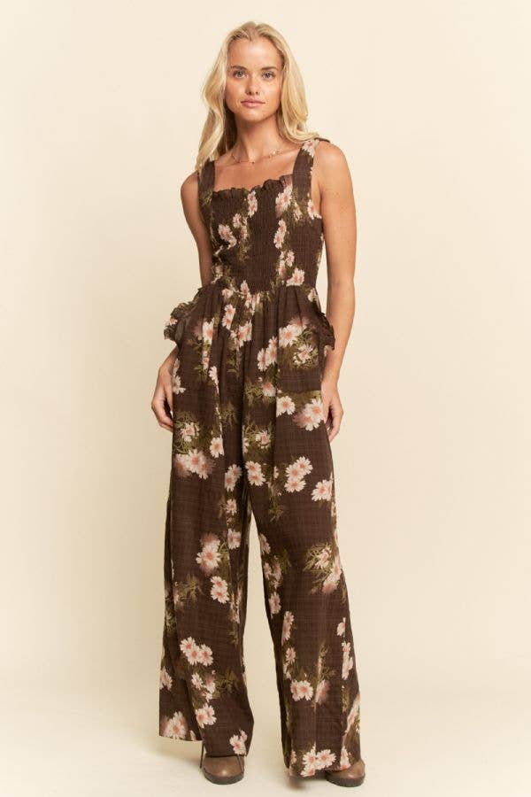 FLORAL RUFFLE SQUARE NECK SMOCKING BODICE JUMPSUIT