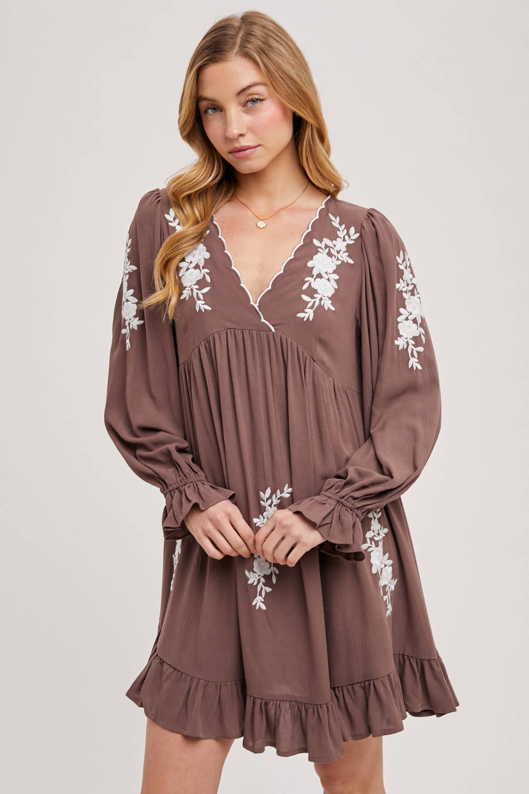 EMBROIDERED V-NECK RUFFLED DRESS - EASTER DAY
