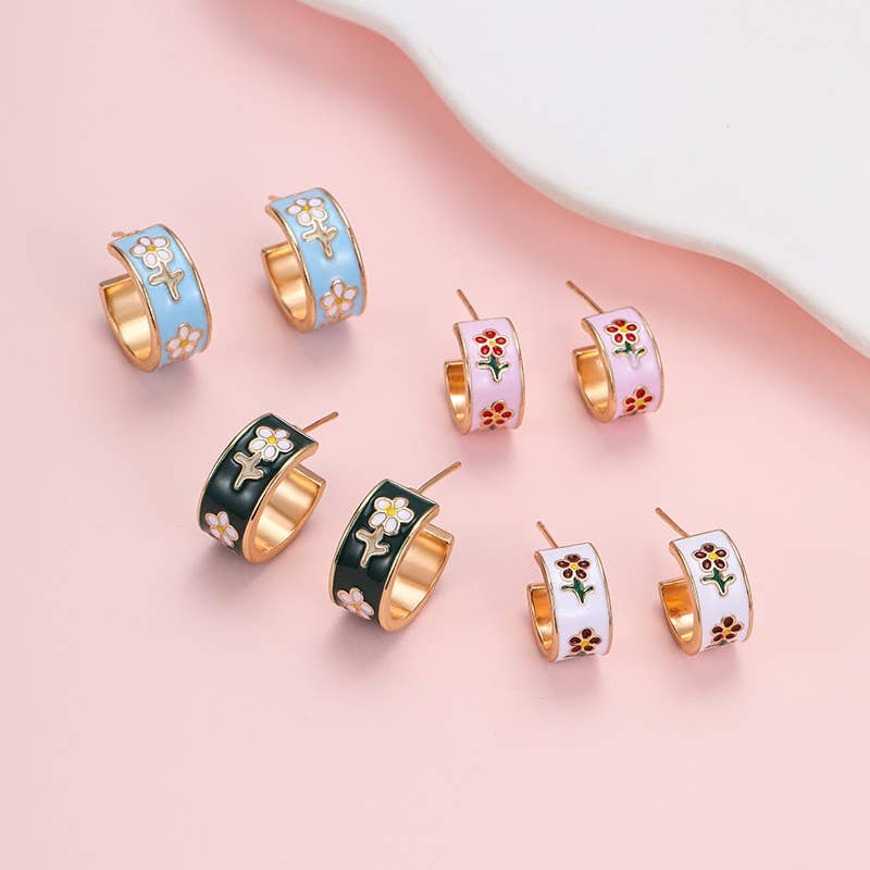 Garden Meadow Flower Enamel Huggie Hoop Earrings | 40E512
