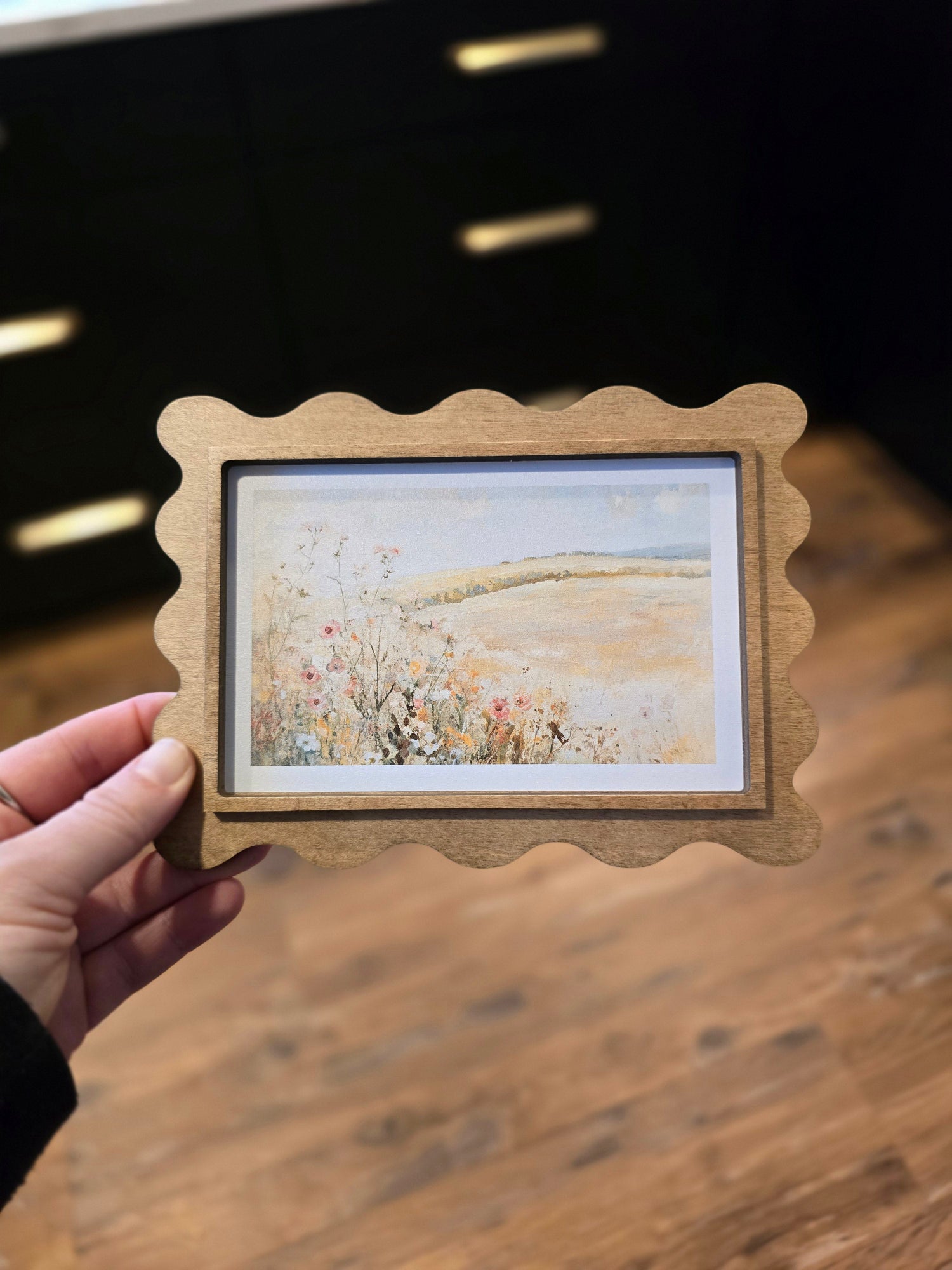 Vintage wheat field landscape print in a handcrafted scalloped wood frame, ideal for farmhouse and cottagecore home decor.