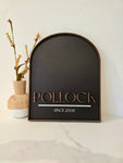 Custom Family Name Sign - Wood Arch Sign With Leather Border