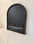 Custom Family Name Sign - Wood Arch Sign With Leather Border