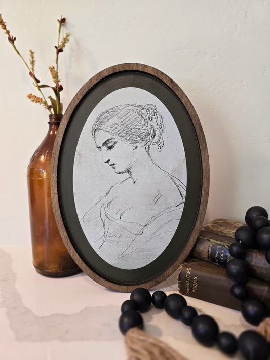 Vintage-style portrait of a woman printed on an oval wood sign with stained border, French country wall decor.