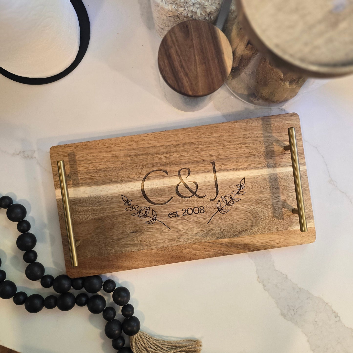Personalized Wooden Serving Tray with Gold Handles – Custom Engraved Monogram Tray – Wedding Gift, Anniversary Gift, Rustic Home Decor