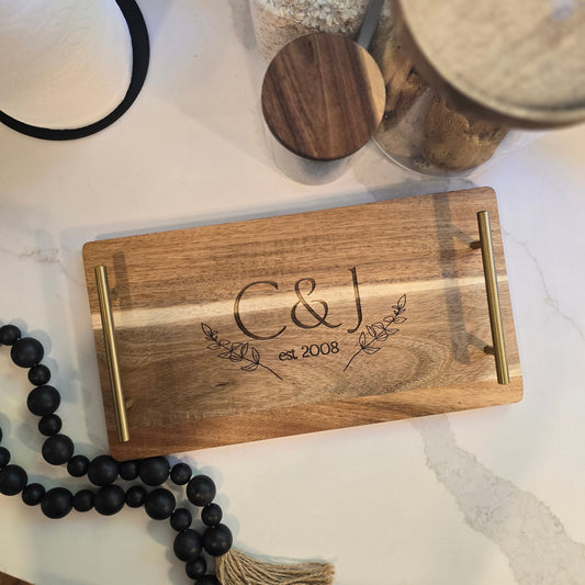 Personalized Wooden Serving Tray with Gold Handles – Custom Engraved Monogram Tray – Wedding Gift, Anniversary Gift, Rustic Home Decor