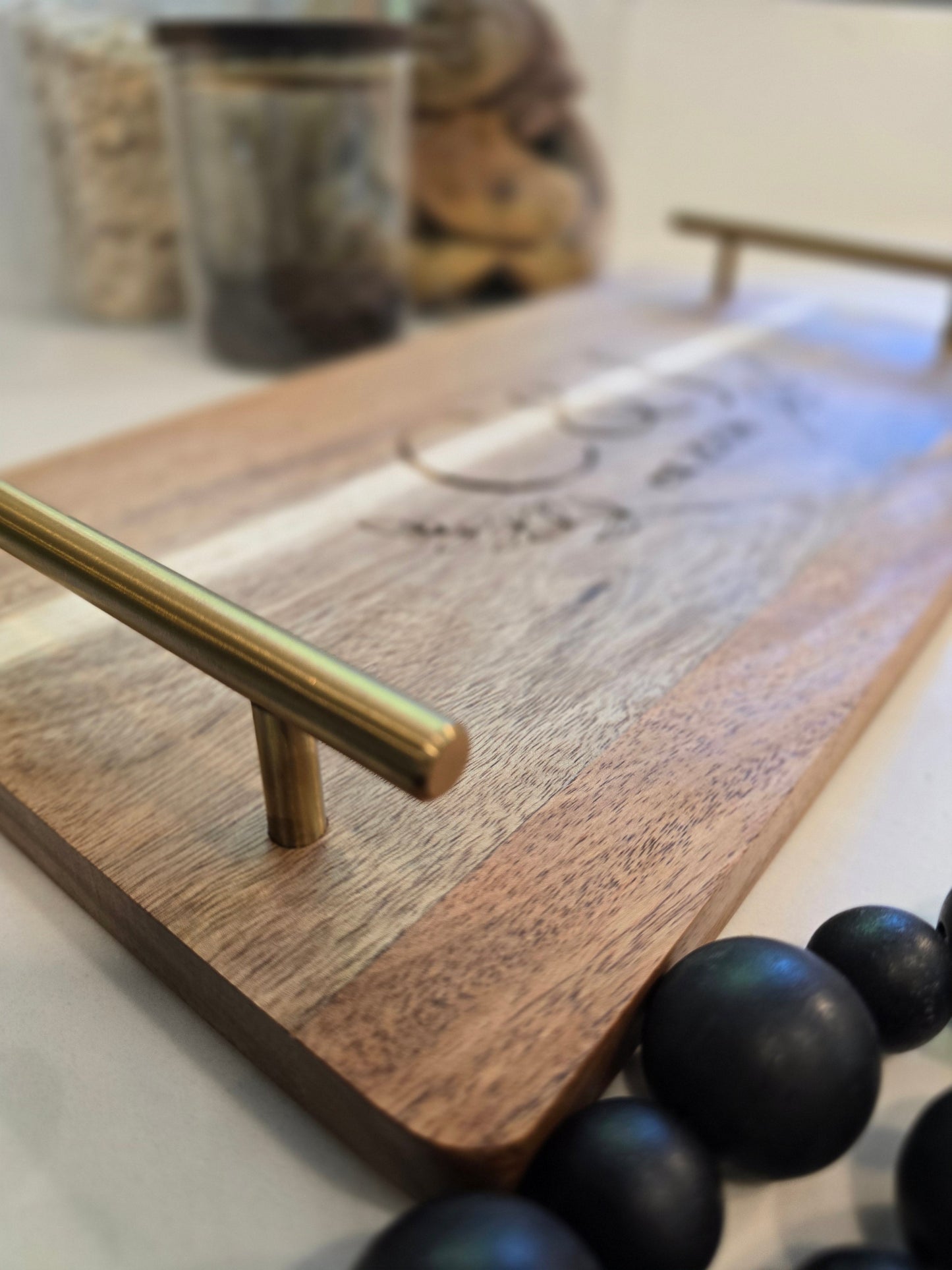 Personalized Wooden Serving Tray with Gold Handles – Custom Engraved Monogram Tray – Wedding Gift, Anniversary Gift, Rustic Home Decor