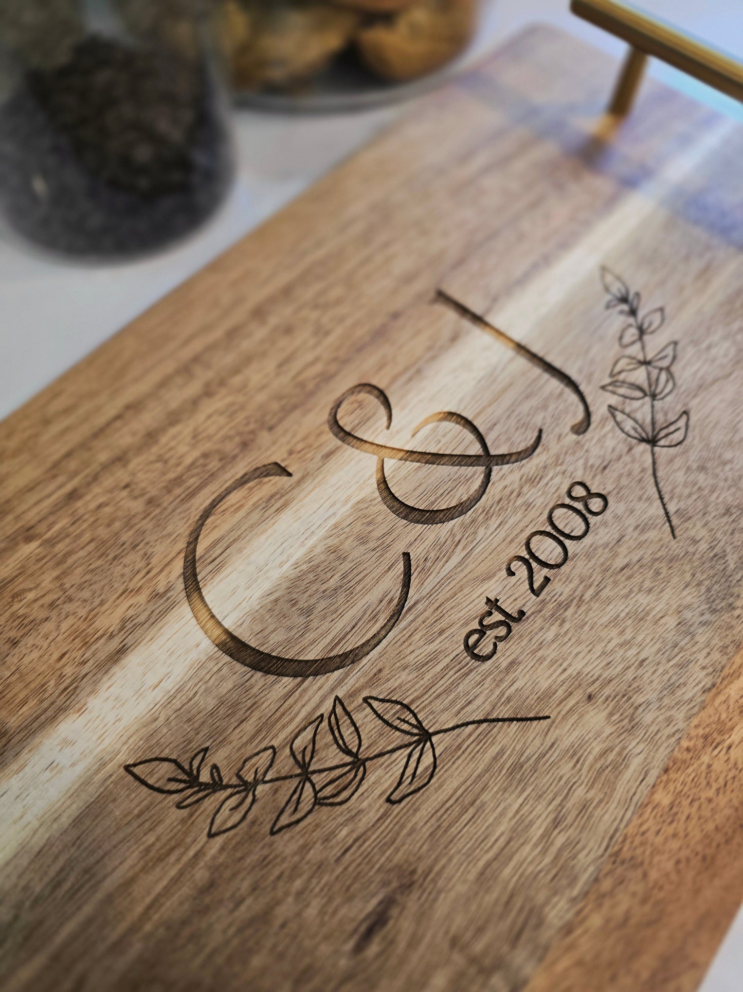 Personalized Wooden Serving Tray with Gold Handles – Custom Engraved Monogram Tray – Wedding Gift, Anniversary Gift, Rustic Home Decor