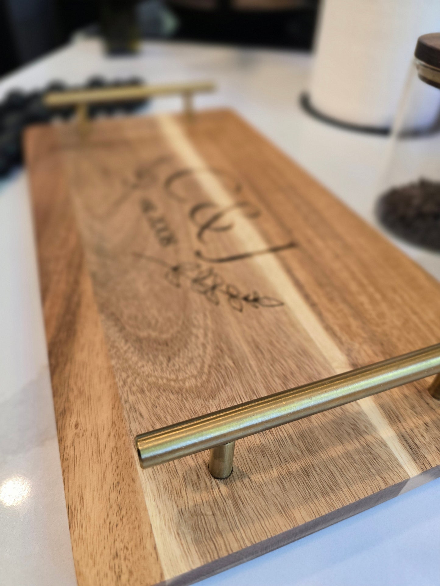 Personalized Wooden Serving Tray with Gold Handles – Custom Engraved Monogram Tray – Wedding Gift, Anniversary Gift, Rustic Home Decor
