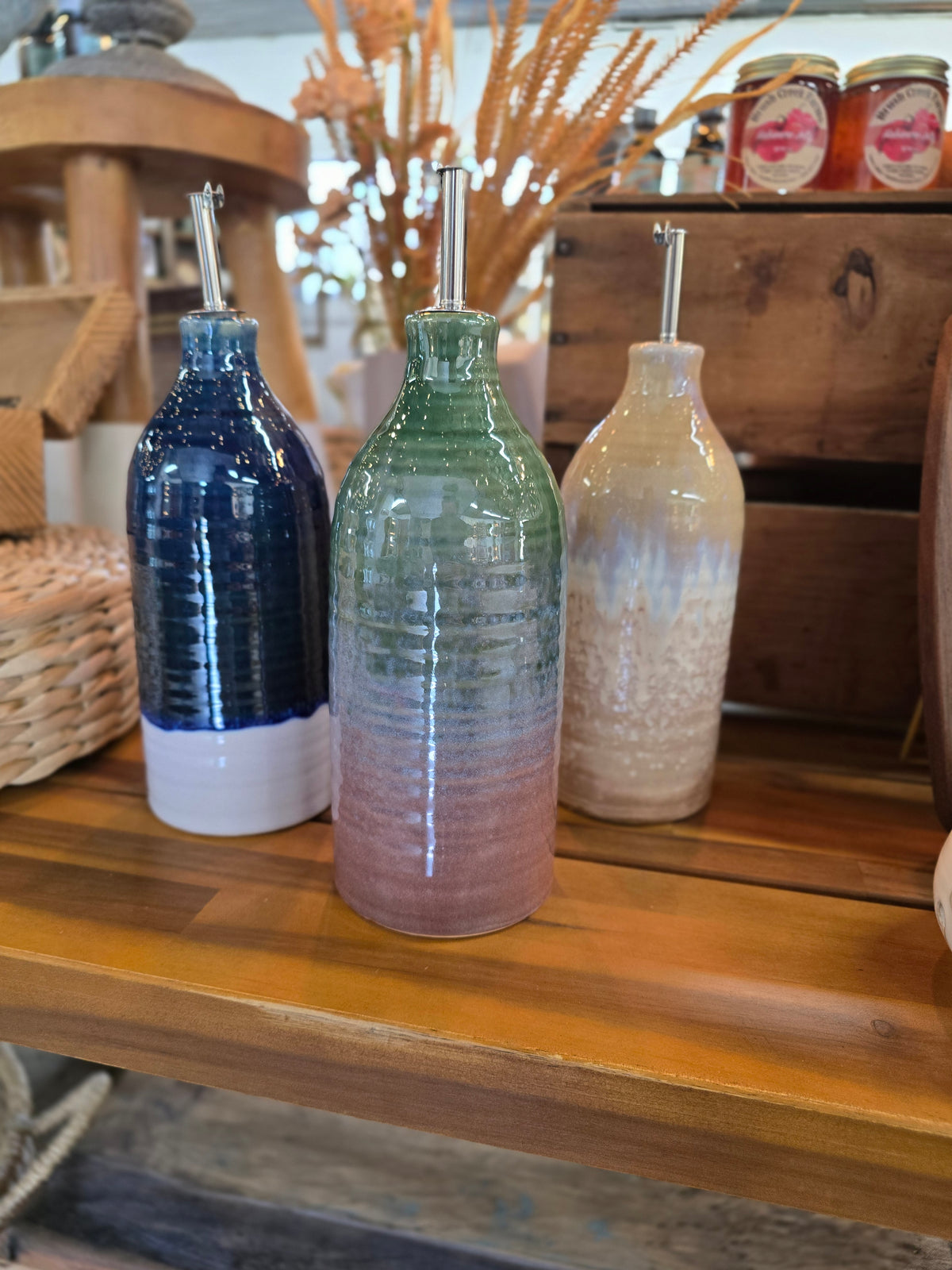 26 oz. Stoneware Oil Cruet with Stainless Steel Spout, 3 Colors (Each One Will Vary)