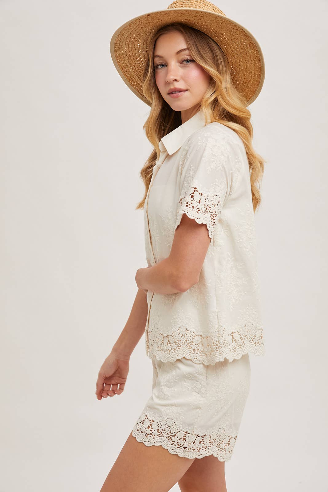 EMBROIDERED LACE TRIMMED BUTTON DOWN SHIRT