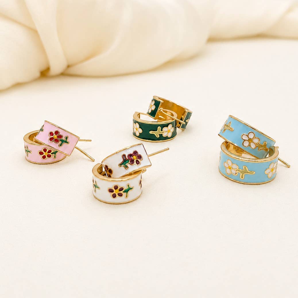 Garden Meadow Flower Enamel Huggie Hoop Earrings | 40E512