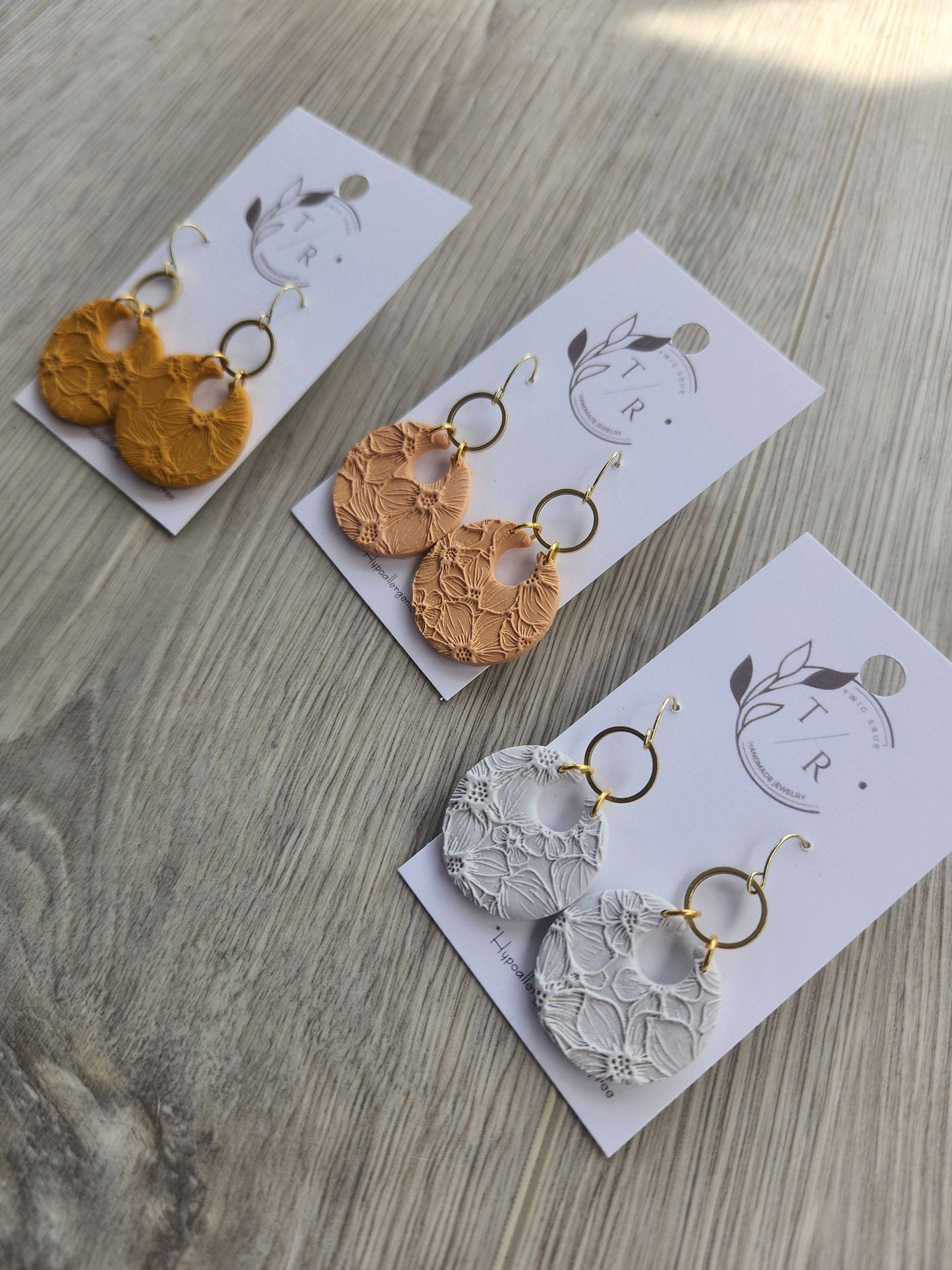 Floral Bella| Embossed clay hoops