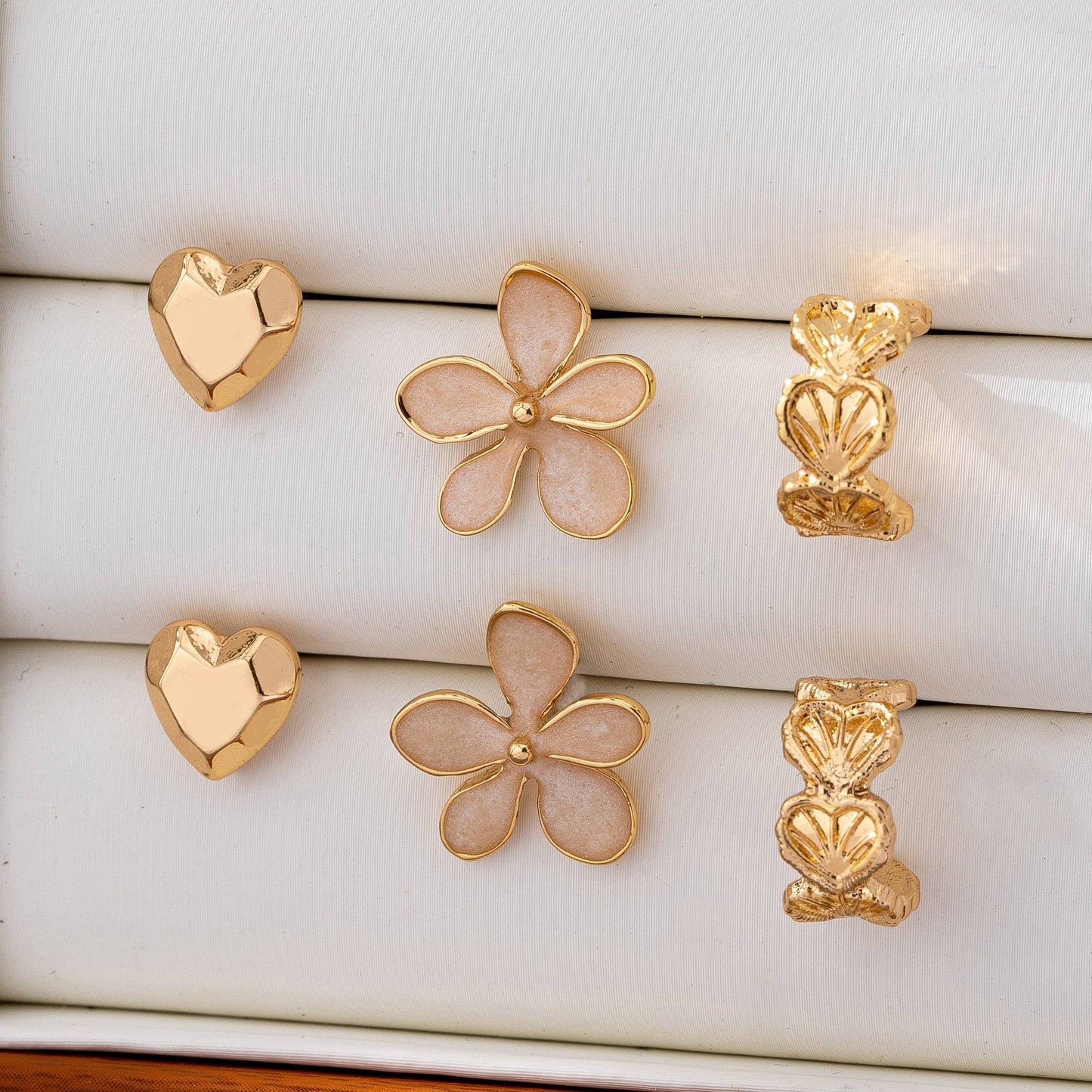 TRIO HEART FLOWER SEASHELL HUGGIE HOOP EARRINGS