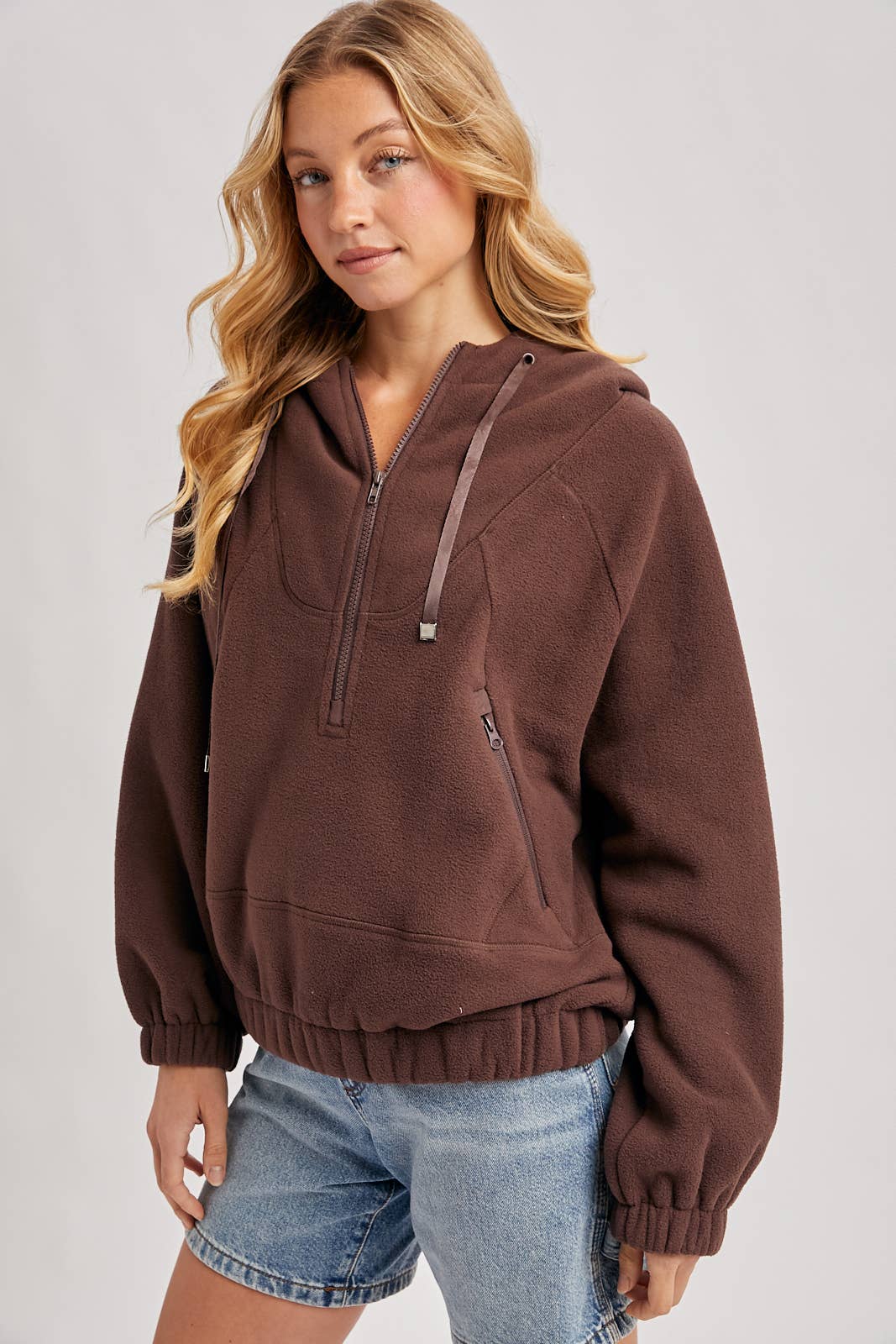 HALF-ZIPPER FRONT HOODIE FLEECE PULLOVER