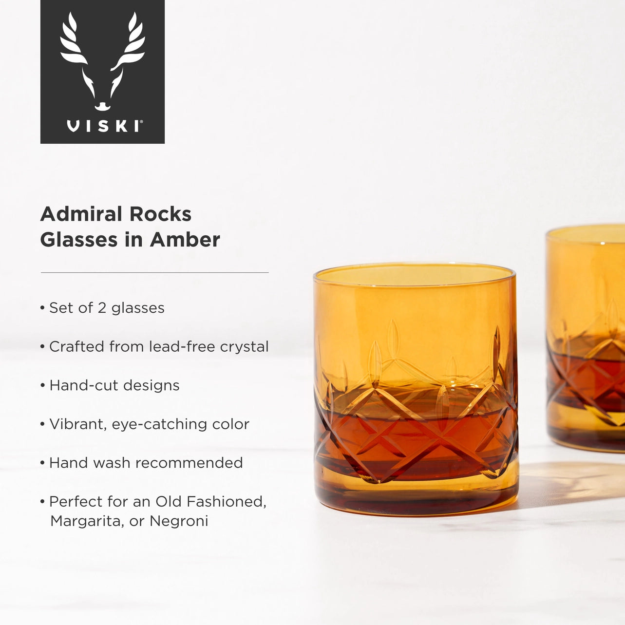 Admiral™ Hand Etched Crystal Rocks Glasses Amber Set of 2