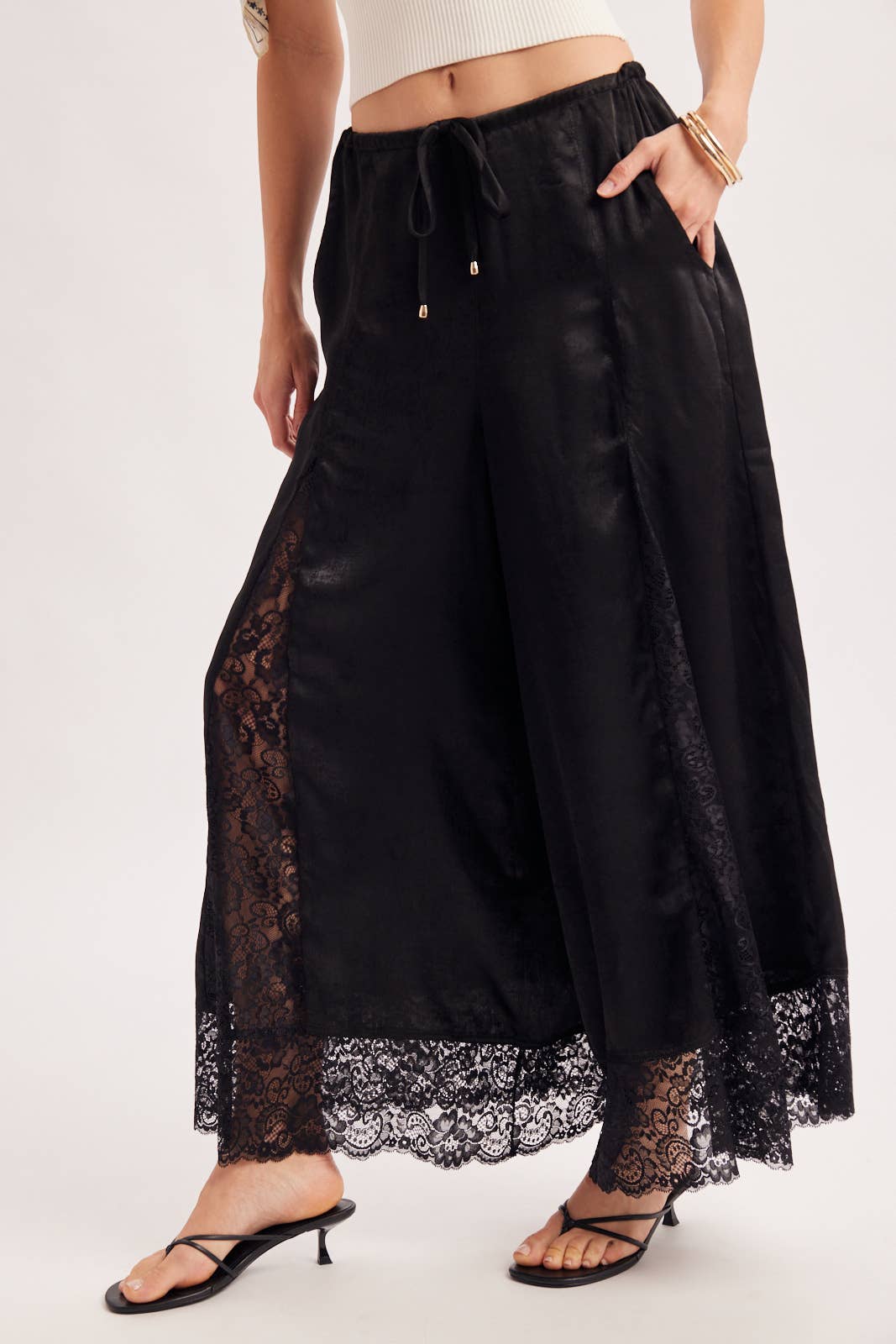 SATIN LACE TRIMMED DRAWSTRING PALAZZO PANTS