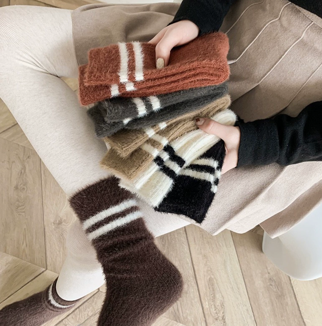 Striped Fuzzy Crew Socks