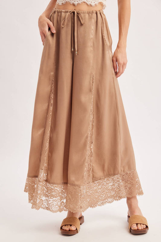 SATIN LACE TRIMMED DRAWSTRING PALAZZO PANTS