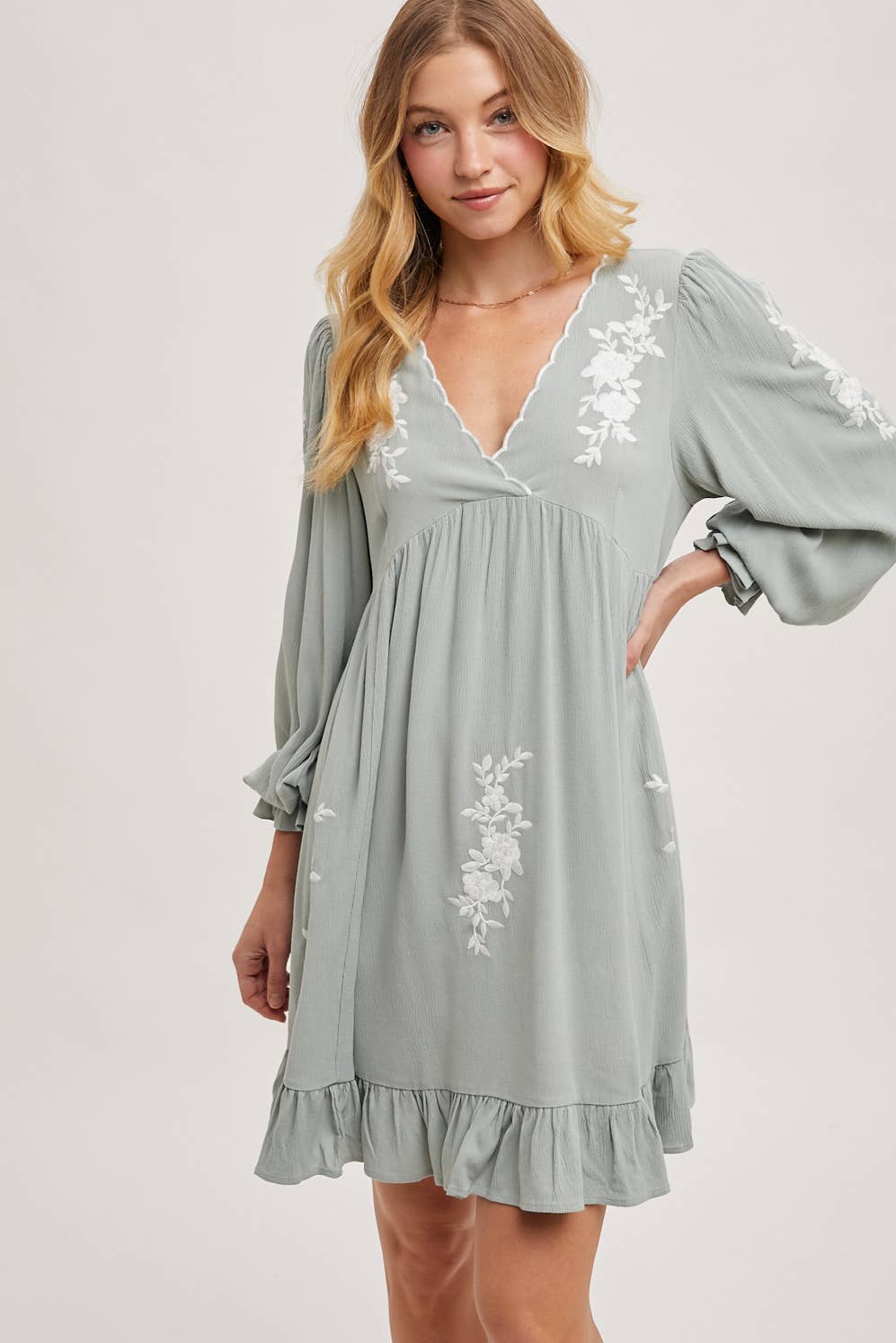 EMBROIDERED V-NECK RUFFLED DRESS - EASTER DAY